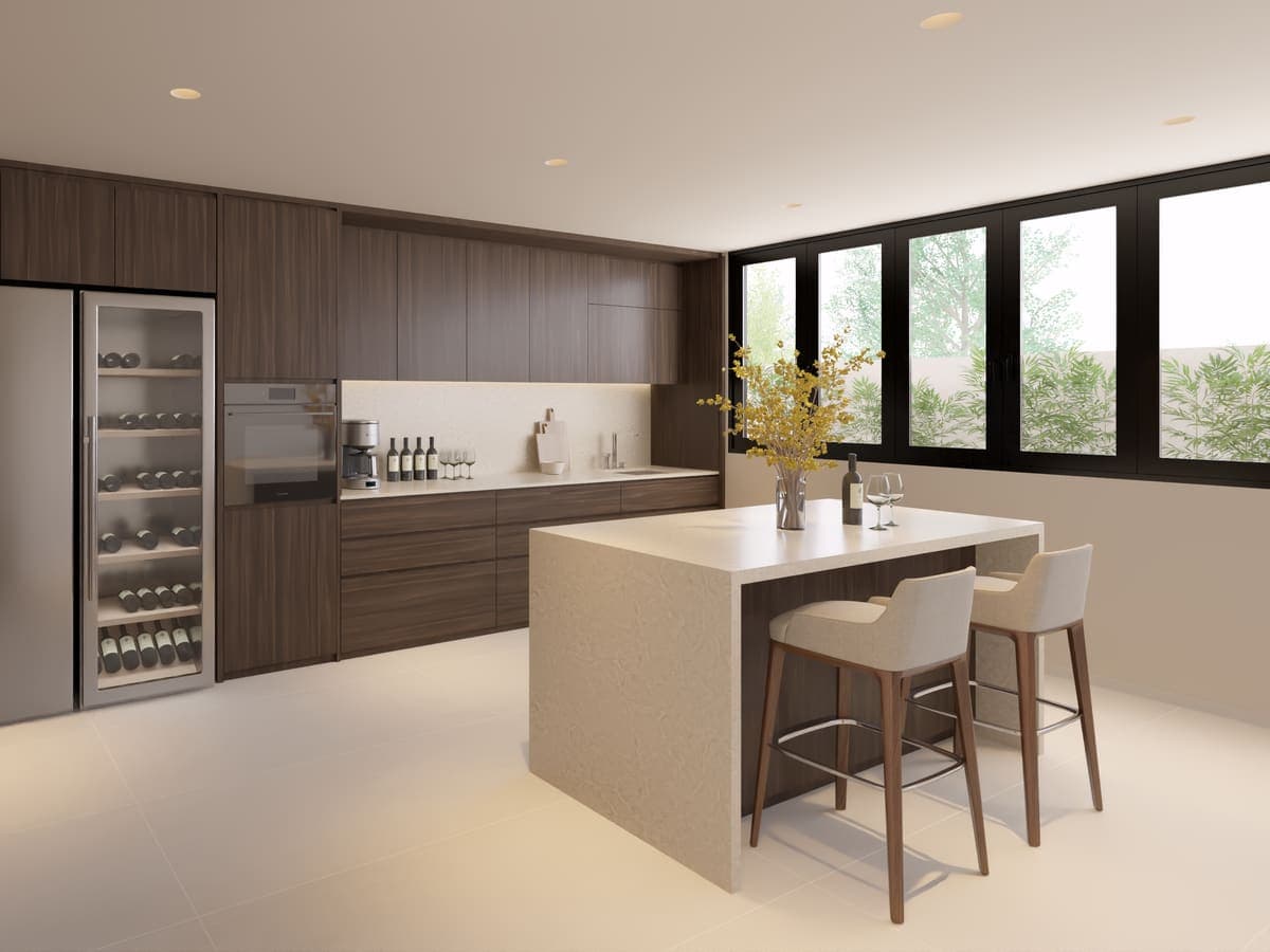 Warm kitchen cabinet project image with island and tall storage